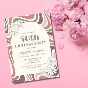 Convite Sage da Flor da Onda Retroativa Sage Brown Peach B