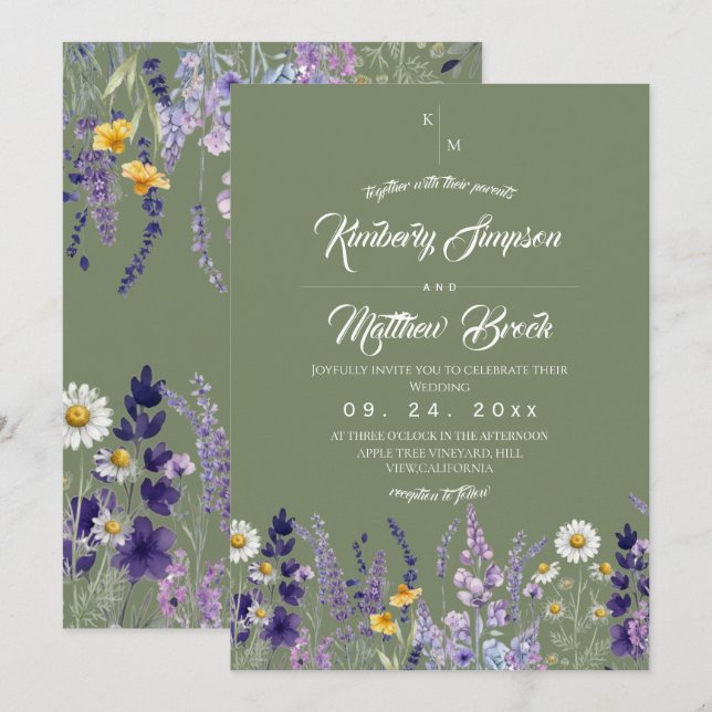 Convite Sage de Flor Silvestre & Lavanda Casamento Rústico (Frente/Verso)