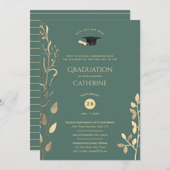 Convite Sage Dourado GRADUATION Ceremony Invices Classy (Frente/Verso)