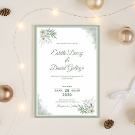 Convite Sage e Branco Casamento Floral em Aquarela