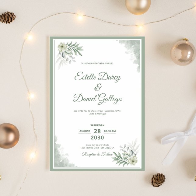Convite Sage e Branco Casamento Floral em Aquarela (Criador carregado)