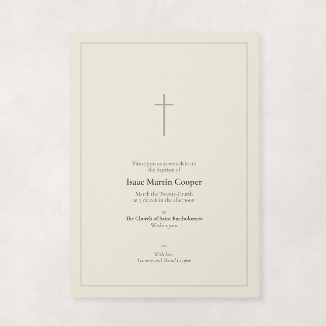 Convite Sage e Creme Cruz Mínima Religiosa Batismo (Grace - Minimal Cross Baptism Invitation in Sage)