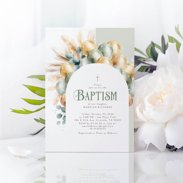 Convite Sage e Dourado Arco Boho Eucalyptus Baptism (Gold and Green Balloons Elegant Baptism Invitations)