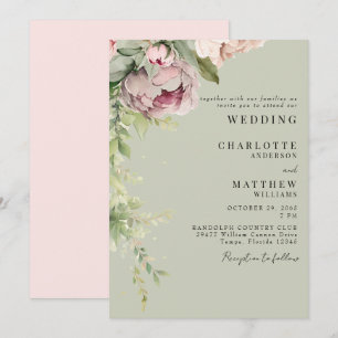 Convite Sage e Peônias Aguarela Rosa Casamento Elegante