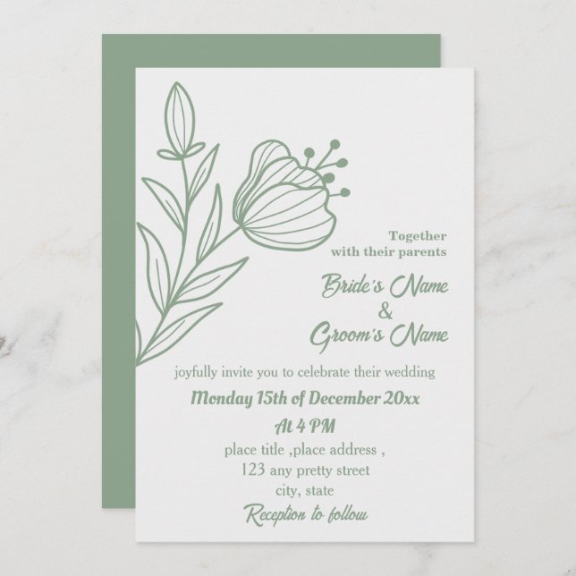 Convite Sage elegante romântico casamento floral verde (Frente/Verso)