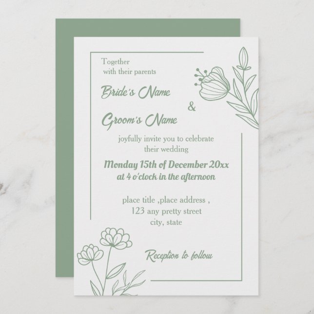 Convite Sage elegante romântico casamento floral verde (Frente/Verso)