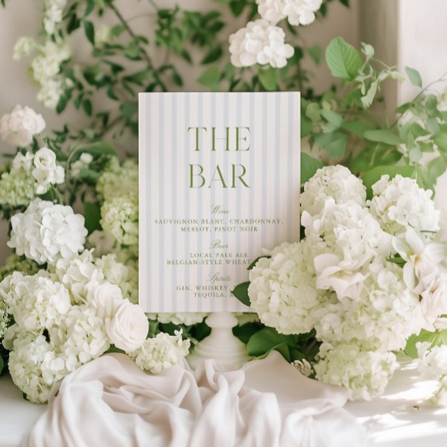 Convite Sage Elegante - Sinal de Bar de Casamento Verde e  (Elegant Sage Green & Blue Striped Wedding Bar Sign)