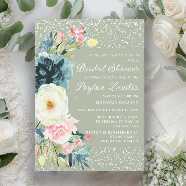 Convite Sage Emerald Green Pink Cream Chá de panela Floral (Sage green bridal shower invitation with pink, emerald green, and cream-colored floral
)