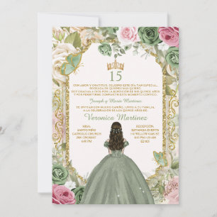 Convite Sage Espanhol Rosa e Dourado 15 Años Princess Birt