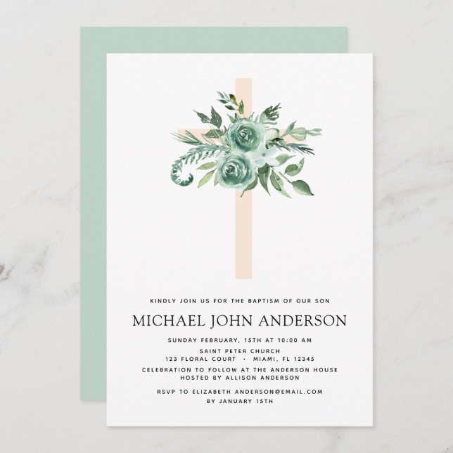 Convite Sage Eucalyptus Baptism Greenery Cross (Frente/Verso)