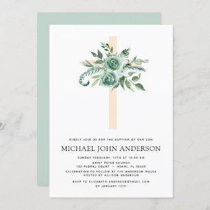 Convite Sage Eucalyptus Baptism Greenery Cross