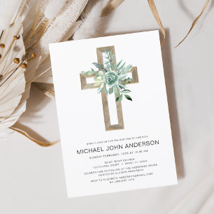 Convite Sage Eucalyptus Baptism Greenery Dourado Cross