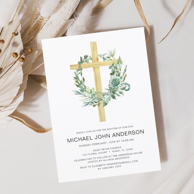 Convite Sage Eucalyptus Baptism Greenery Dourado Cross (Criador carregado)