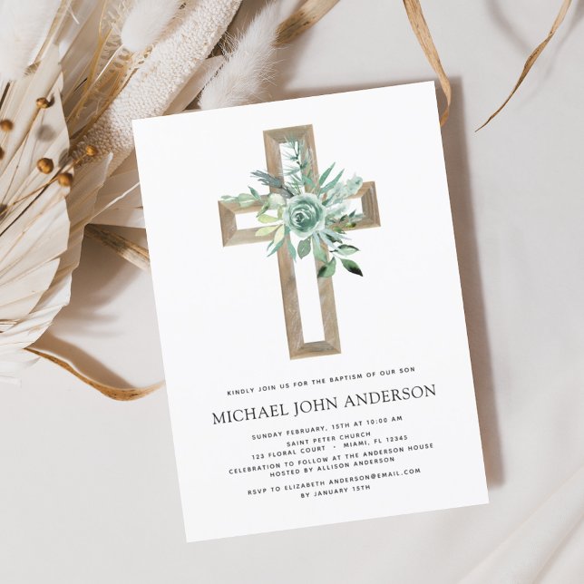 Convite Sage Eucalyptus Baptism Greenery Dourado Cross (Criador carregado)