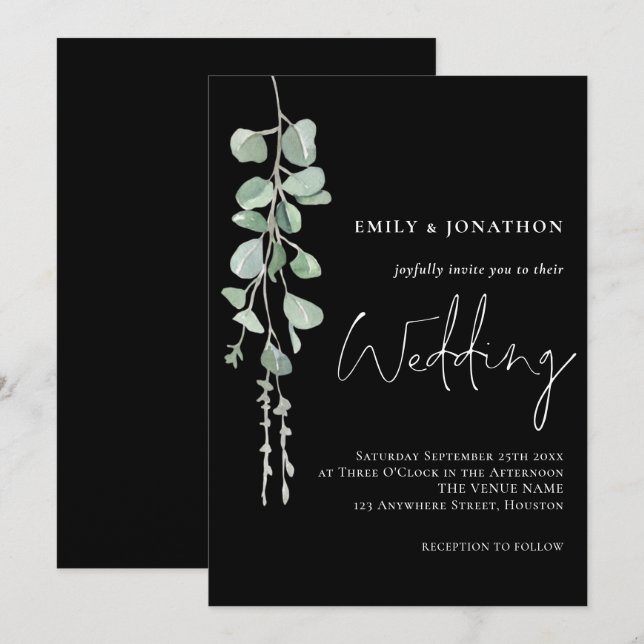Convite Sage Eucalyptus Modern Script Black Weding (Frente/Verso)