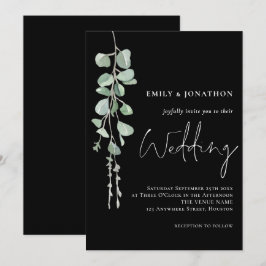 Convite Sage Eucalyptus Modern Script Black Weding