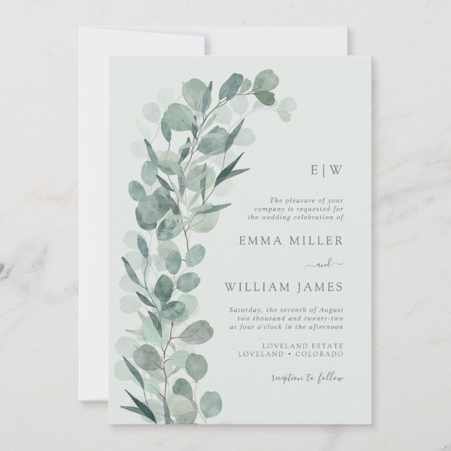 Convite Sage Eucalyptus Monogrammed Wedding (Frente)