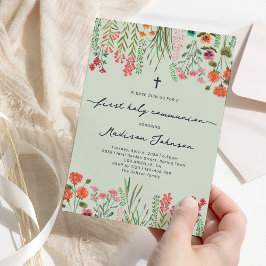 Convite Sage Flor Silvestre Verde Primeira Comunhão