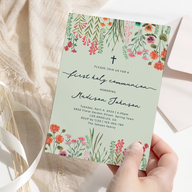 Convite Sage Flor Silvestre Verde Primeira Comunhão (Wildflower Sage Green First Holy Communion Invitation)