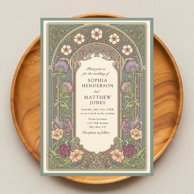 Convite Sage Floral Art Nouveau Wedding Invitation (Criador carregado)