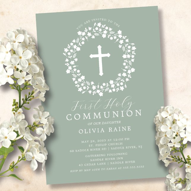 Convite Sage Floral Girls First Communitation (Criador carregado)