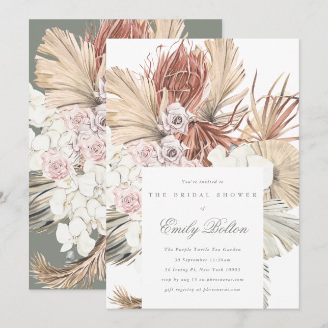 Convite Sage Floral Moss Verde Pampas Boho (Frente/Verso)