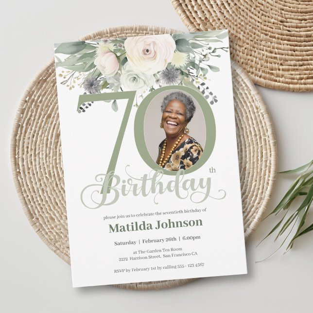 Convite Sage Floral Photo 70 Birthday (Sage Floral Photo 70th Birthday Invitation)