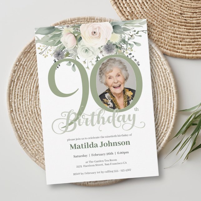 Convite Sage Floral Photo 90 Birthday (Sage Floral Photo 90th Birthday Invitation)