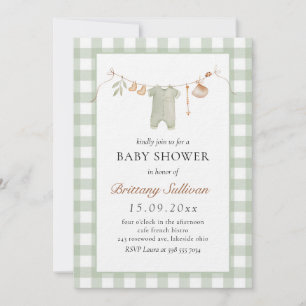 Convite Sage Gingham Cute Boho Baby Clothes Chá de fraldas