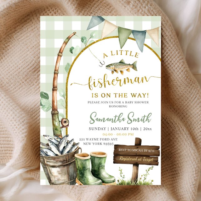 Convite Sage Gingham Fisherman baby shower (Criador carregado)