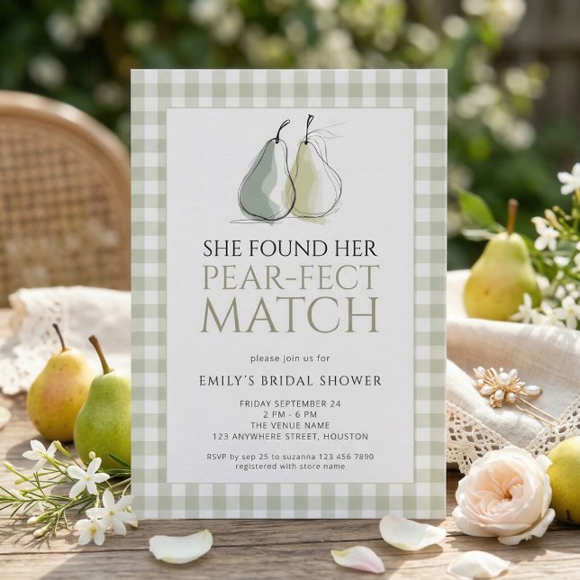 Convite Sage Gingham Pears Pear-fect Match Bridal Shower (Criador carregado)