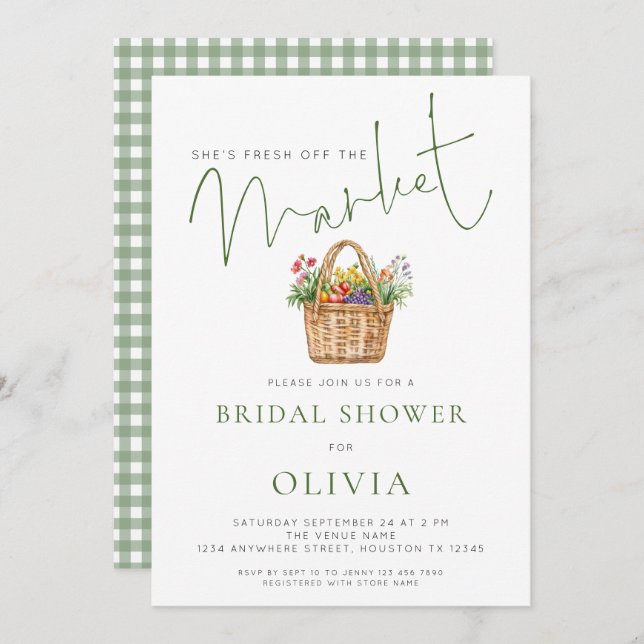 Convite Sage Gingham She’s off the Market Bridal Shower (Frente/Verso)