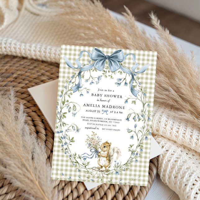 Convite Sage Gingham Woodland Squirrel Baby Shower (Criador carregado)
