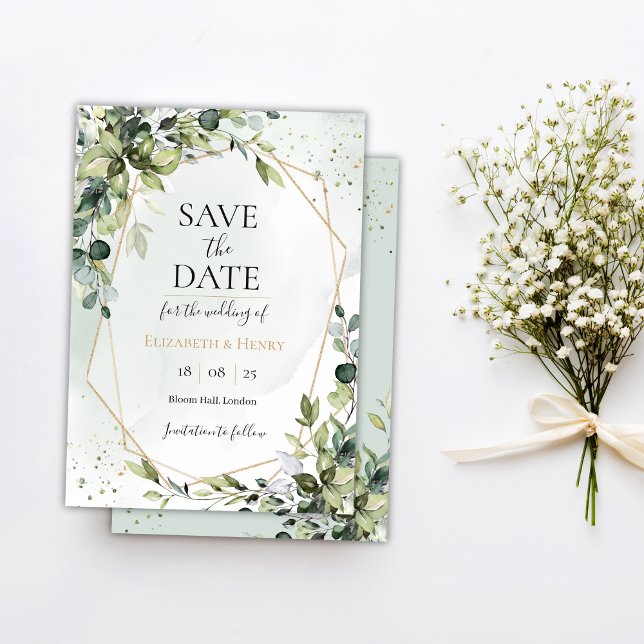 Convite Sage gold eucalyptus geometric wedding save date (Criador carregado)