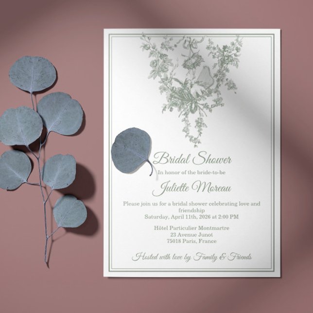 Convite Sage Gray Toile de Jouy Bridal Shower Invitation (Criador carregado)