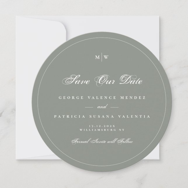 Convite Sage Gray White Elegant Round Photo Save The Date (Frente)