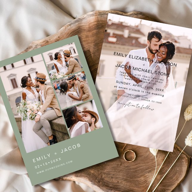 Convite Sage Green 5 Foto Moderna Casamento Elegante (Criador carregado)