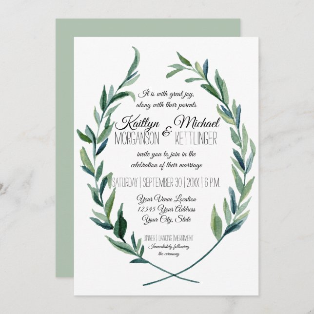 Convite Sage Green 5X7 Laurel Wreath Olive Leaf Modern (Frente/Verso)