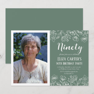 Convite Sage Green 90 Ninety Floral Elegant Birthday
