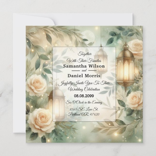 Convite Sage Green and Ivory Rose Lantern Wedding (Frente)
