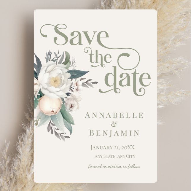 Convite Sage Green and White Floral Save Date (Salve a dat (Criador carregado)