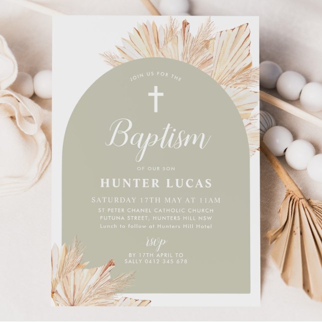 Convite Sage Green Arch Boho Floral Boys Baptism (Sage Green Boho Baptism Invitation)