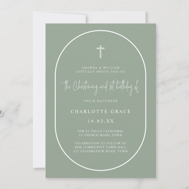 Convite Sage Green Arch Modern Joint Christening Aniversár (Frente)