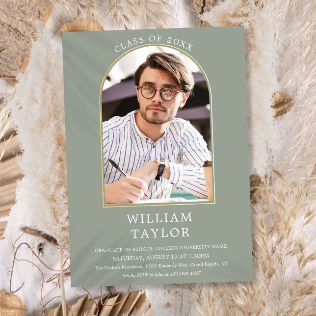 Convite Sage Green Arch Photo Festa de formatura Invita (Sage Green Gold Arch Photo Graduation Party Invita Invitation)