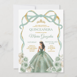 Convite Sage Green Arco Princesa Dourada Quinceañera