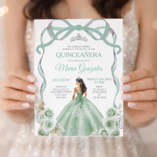 Convite Sage Green Arco Princesa Silver Crown Quinceañera