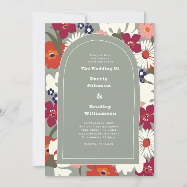 Convite Sage Green Autumn Bold Boho Retro Wedding (Frente)
