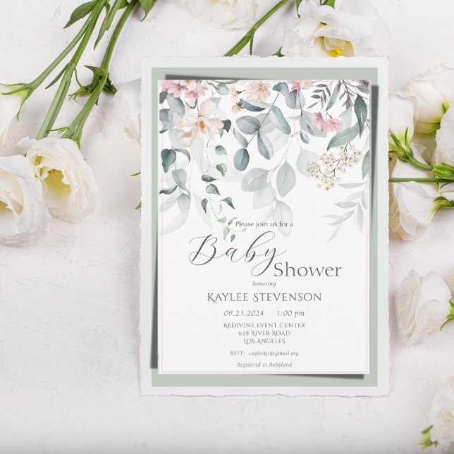 Convite Sage Green Baby Girl Floral Modern Chá de fraldas (Criador carregado)