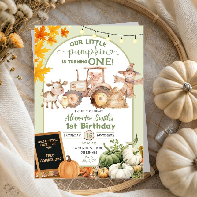 Convite Sage Green Barn Animal Little Pumpkin Aniversário (Criador carregado)
