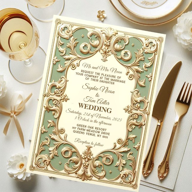 Convite Sage Green Barroco Grandeur Floral Motif Faux Dour (Soft Green Baroque Grandeur Floral Motif Faux Gold Invitation)